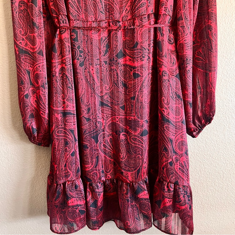 Tommy Hilfiger Paisley Chiffon Belted Long Sleeve Dress in Red Shimmer Size 14 - Picture 9 of 9
